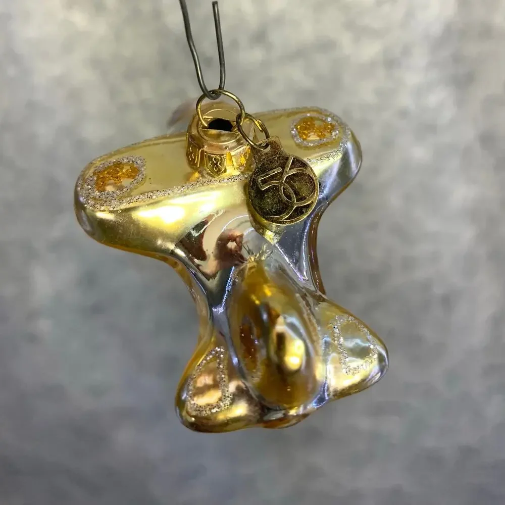 Vintage Dept. 56 Glass Ornament, Tiny Airplane in Gold and Silver, Glitter Shine